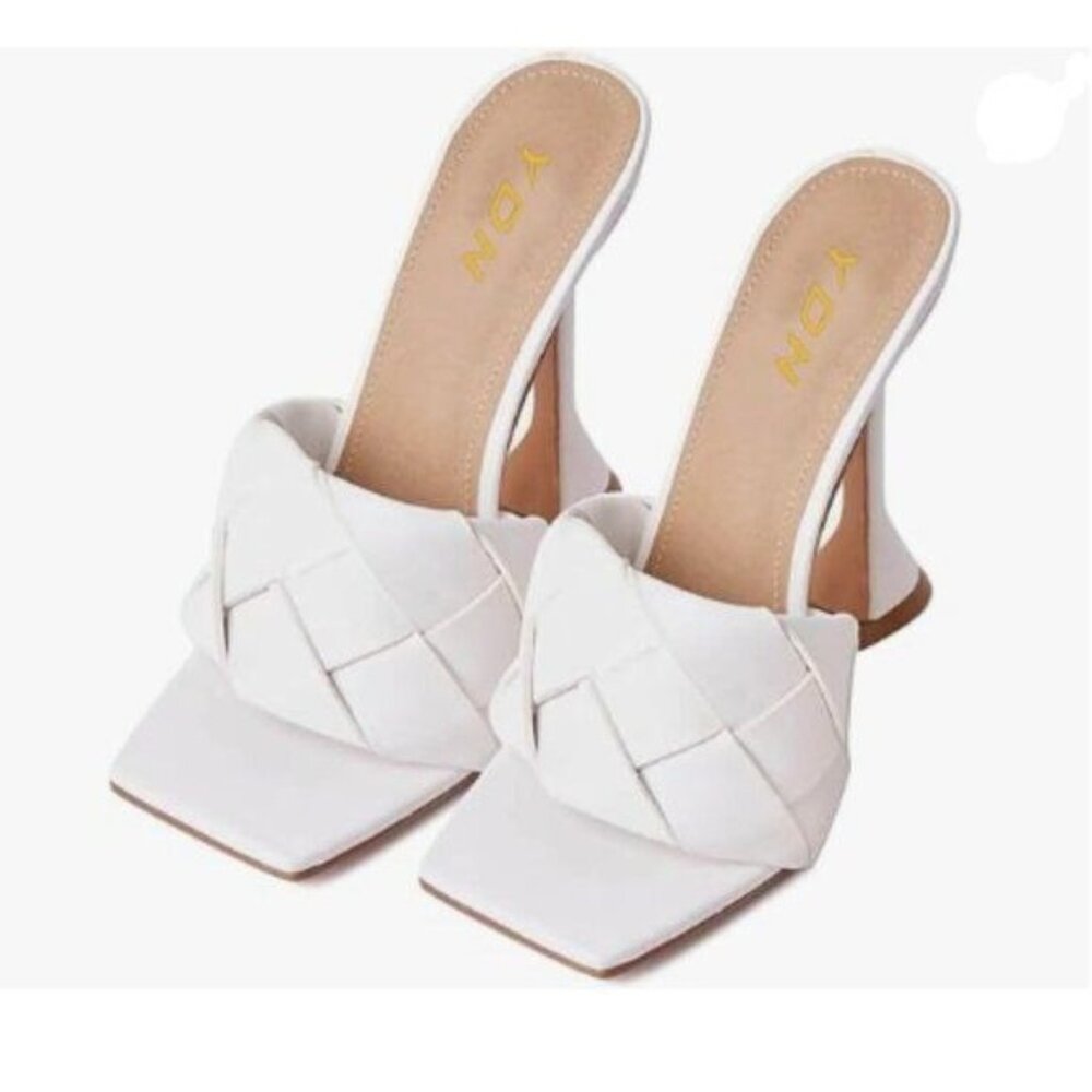 YDN White Square Open Toe Woven Mules Special High Heel Slip on Sandals Shoes